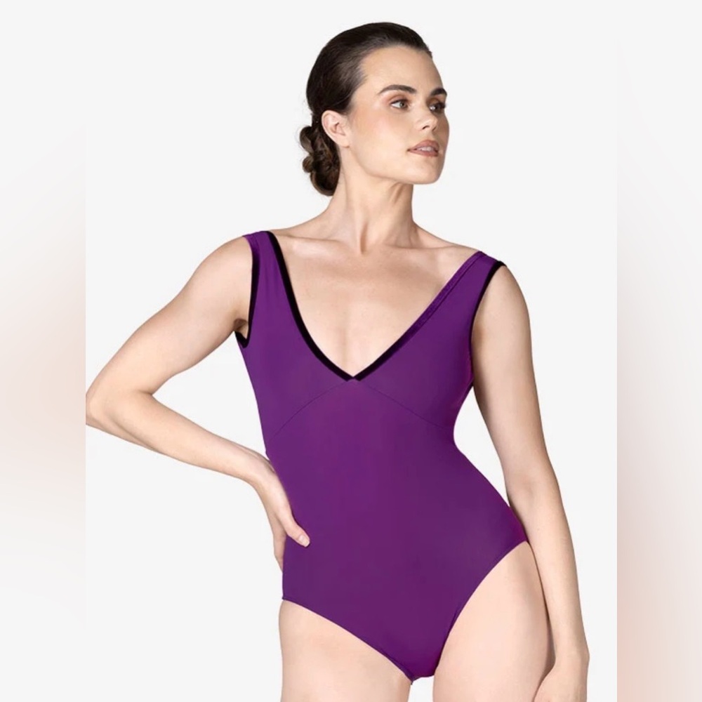 Brand New with Tags! Bullet Pointe Women’s Velvet Trim Leotard in Plum